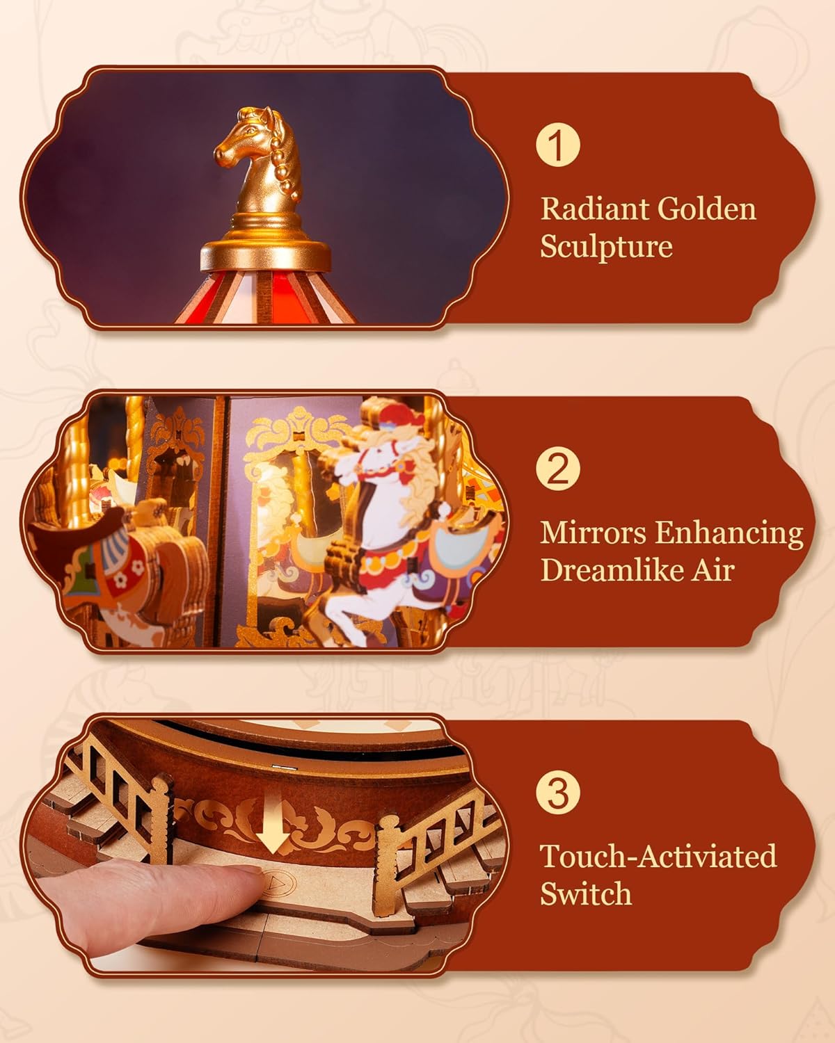 Robotime Classic Carousel Music Box 3D Wooden Puzzle with LED Lights - Mechanical Model Kit
