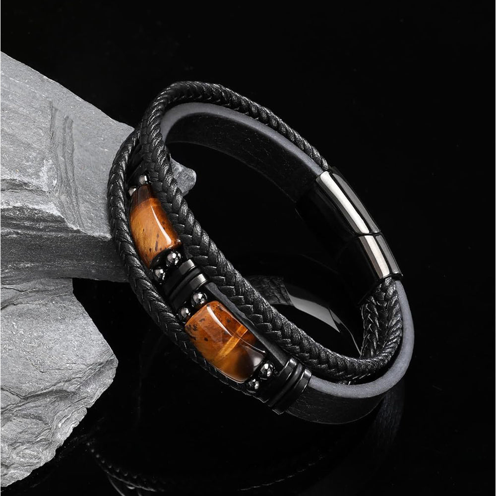 Natural Tiger Eye Stone & Leather Braided Healing Bracelet