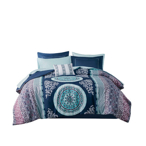 Queen Boho Comforter & Sheet Set - Navy Medallion Print Bedding
