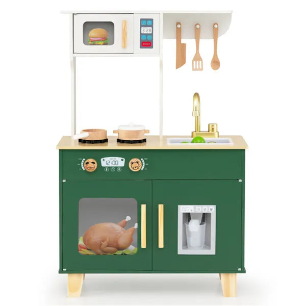 Kids Play Kitchen Set with Realistic Faucet & Ice Dispenser - Green Pretend Cooking Playset