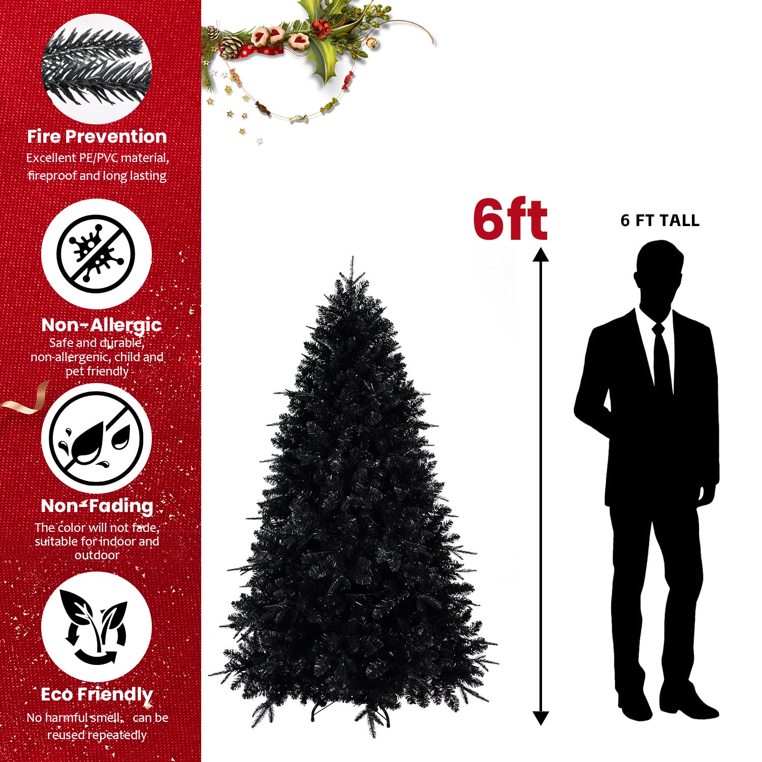 Pre-Lit Black Christmas Tree with White LED Lights - Halloween & Holiday Decor