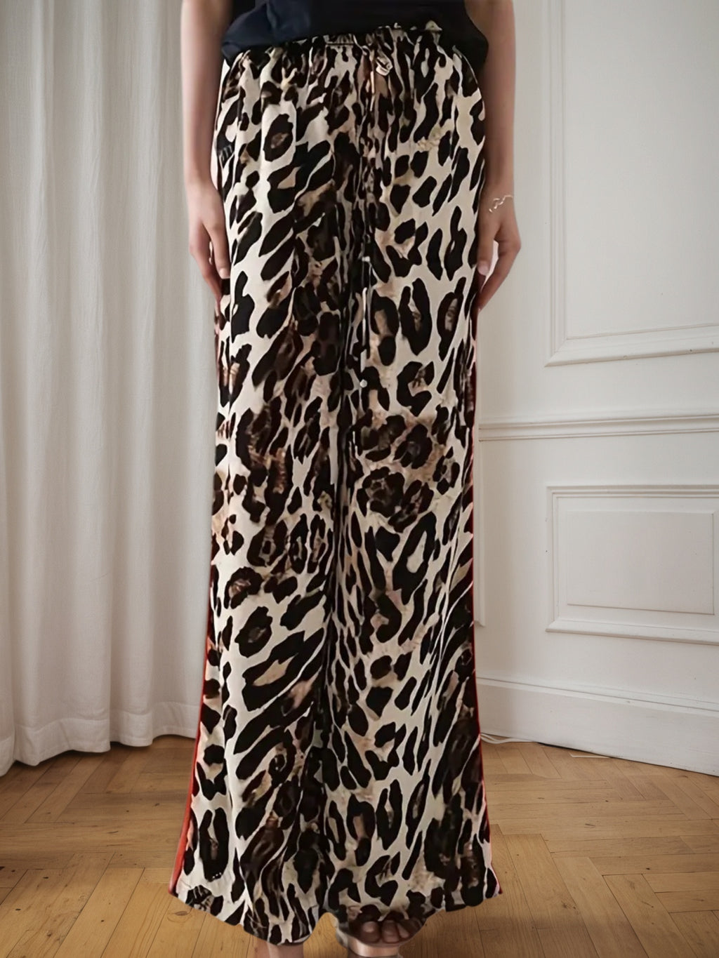 Leopard Print Casual Pants - Women's Drawstring Pants with Side Stripes