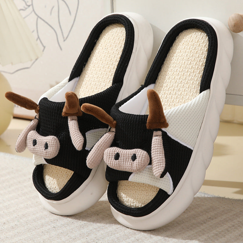 Cute Cartoon Cow Frog Slippers, Linen, Non-slip