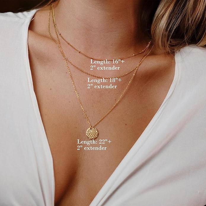 3-Piece 14K Gold Plated Layered Necklace Set – Hammered Disc, Pearl Bead & Bar