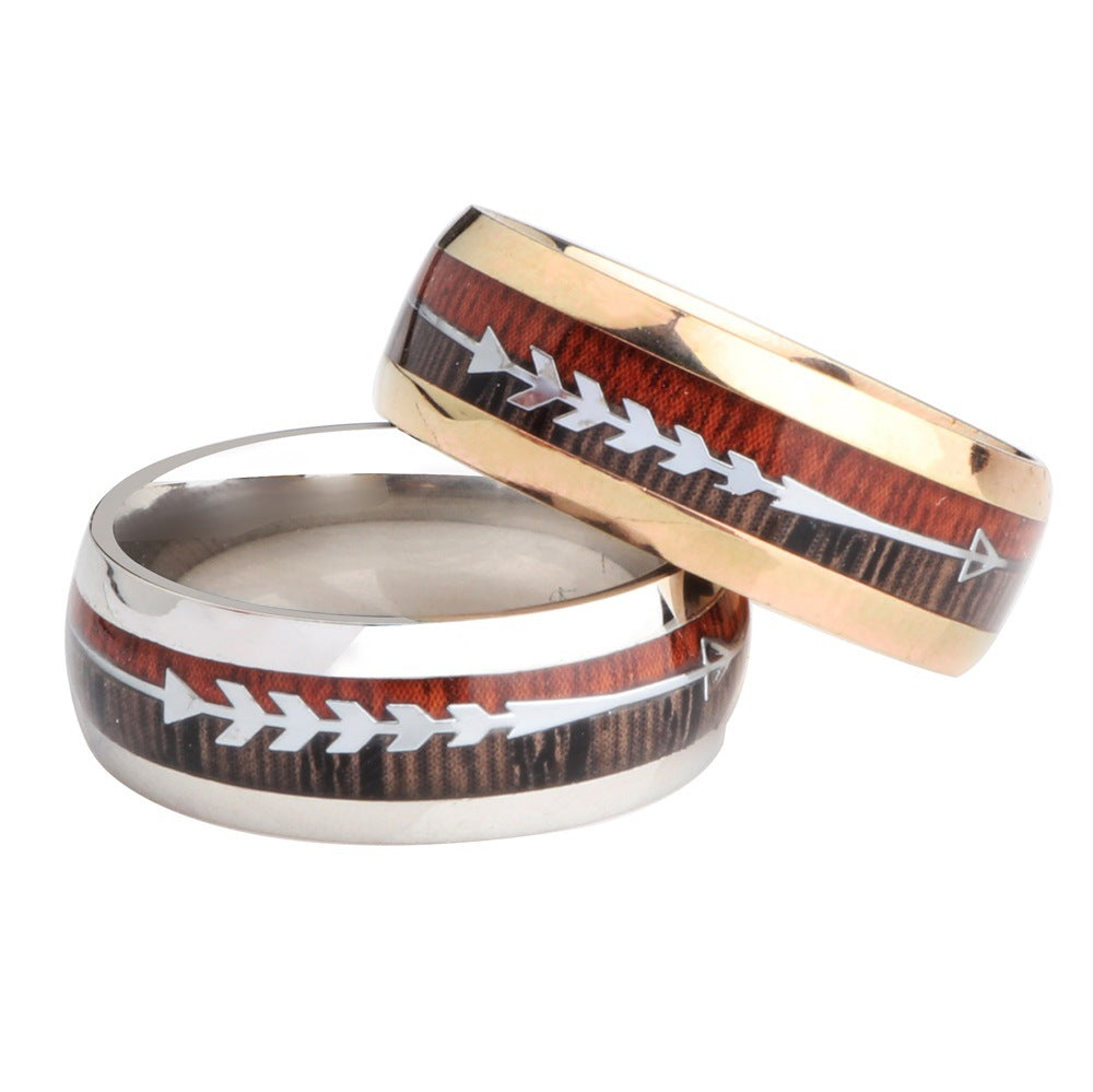 Stainless Steel Wood Grain Arrow Inlaid Ring - 3 Colors Available!