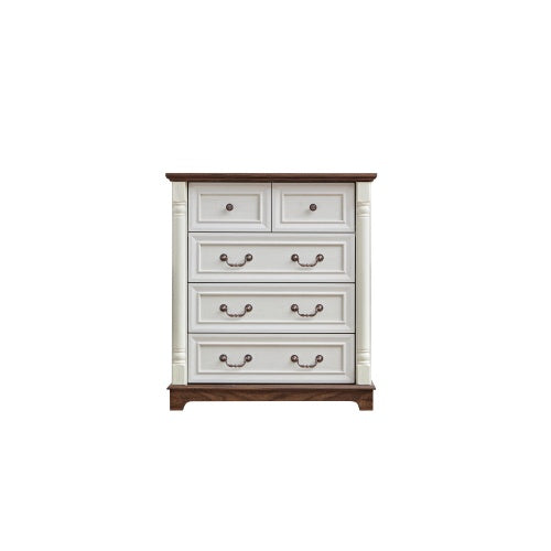 Farmhouse 5-Drawer Dresser - Rustic Walnut Chest with Wooden Base & Antique Pulls