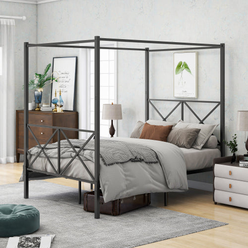 Full Size Metal Canopy Bed Frame - Black Platform Bed with Storage