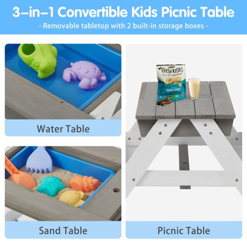 3-in-1 Kids Wooden Picnic Table with Umbrella - Sand & Water Play