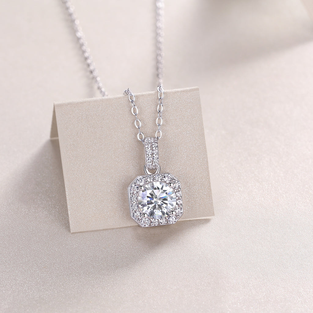 1-Carat Moissanite Solitaire Pendant Necklace in S925 Sterling Silver with Platinum Plating