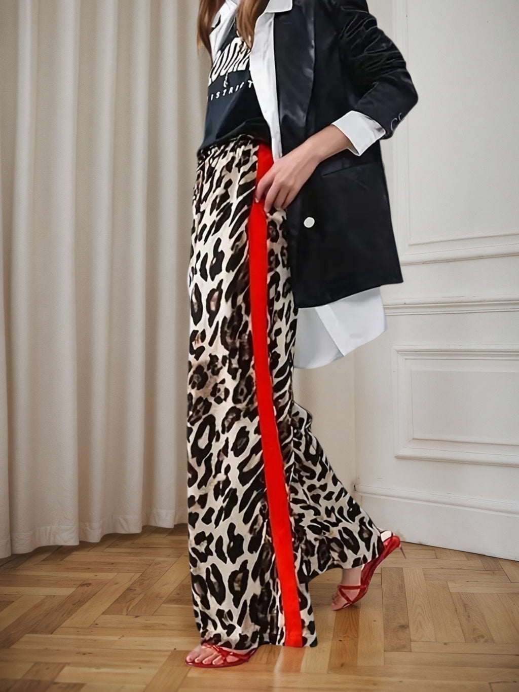 Leopard Print Casual Pants - Women's Drawstring Pants with Side Stripes