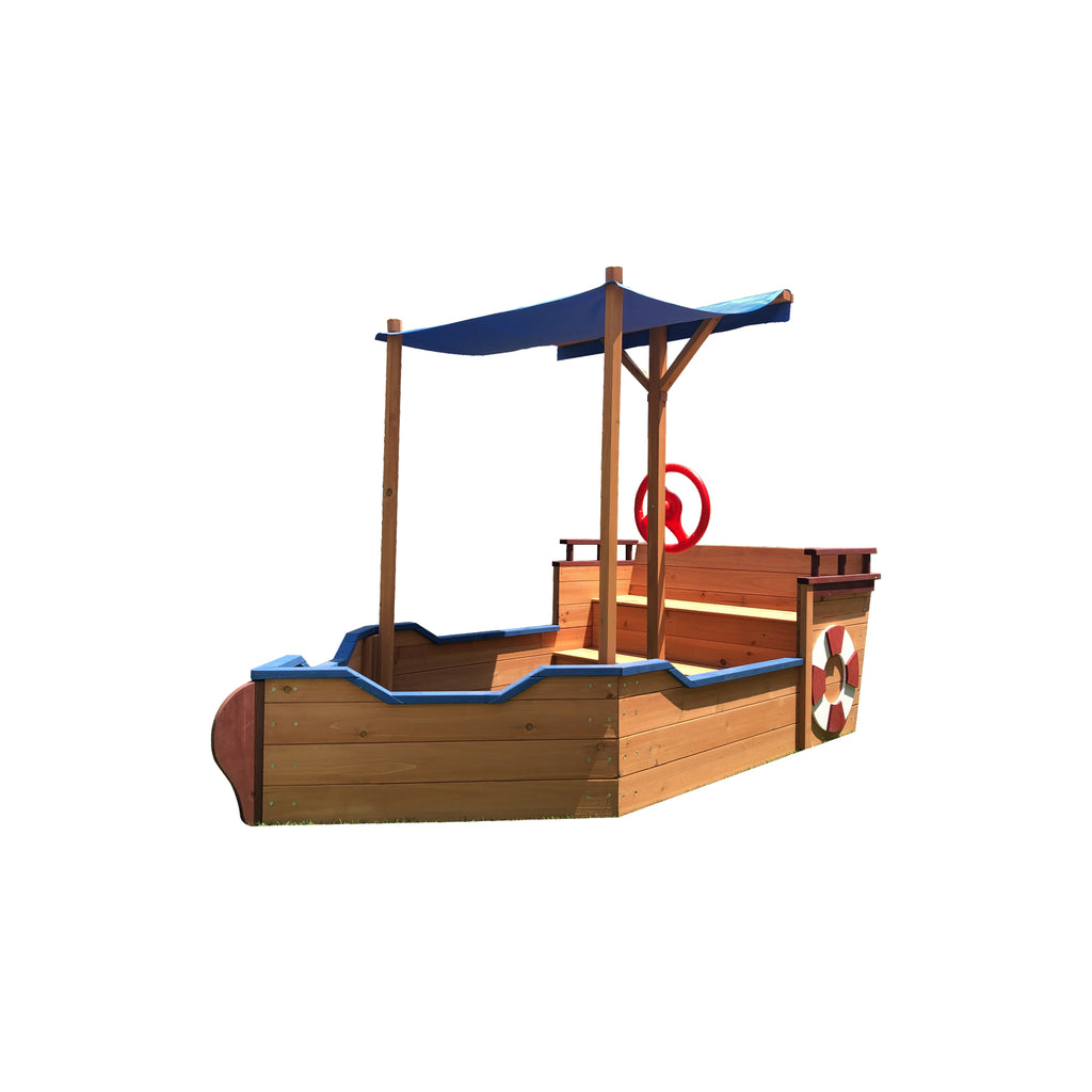Boat-Shaped Wooden Sandbox with Canopy and Storage Bench