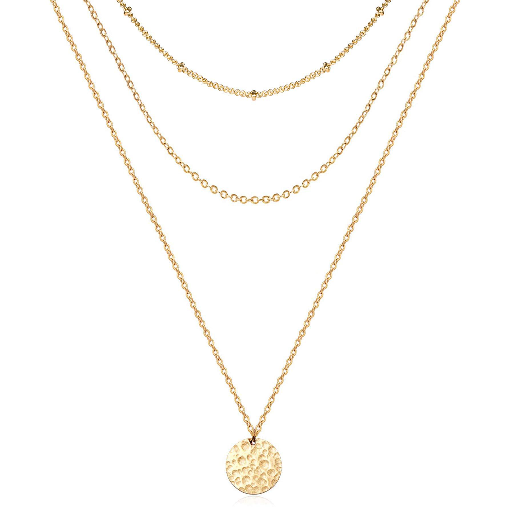 3-Piece 14K Gold Plated Layered Necklace Set – Hammered Disc, Pearl Bead & Bar