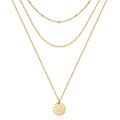 3-Piece 14K Gold Plated Layered Necklace Set – Hammered Disc, Pearl Bead & Bar
