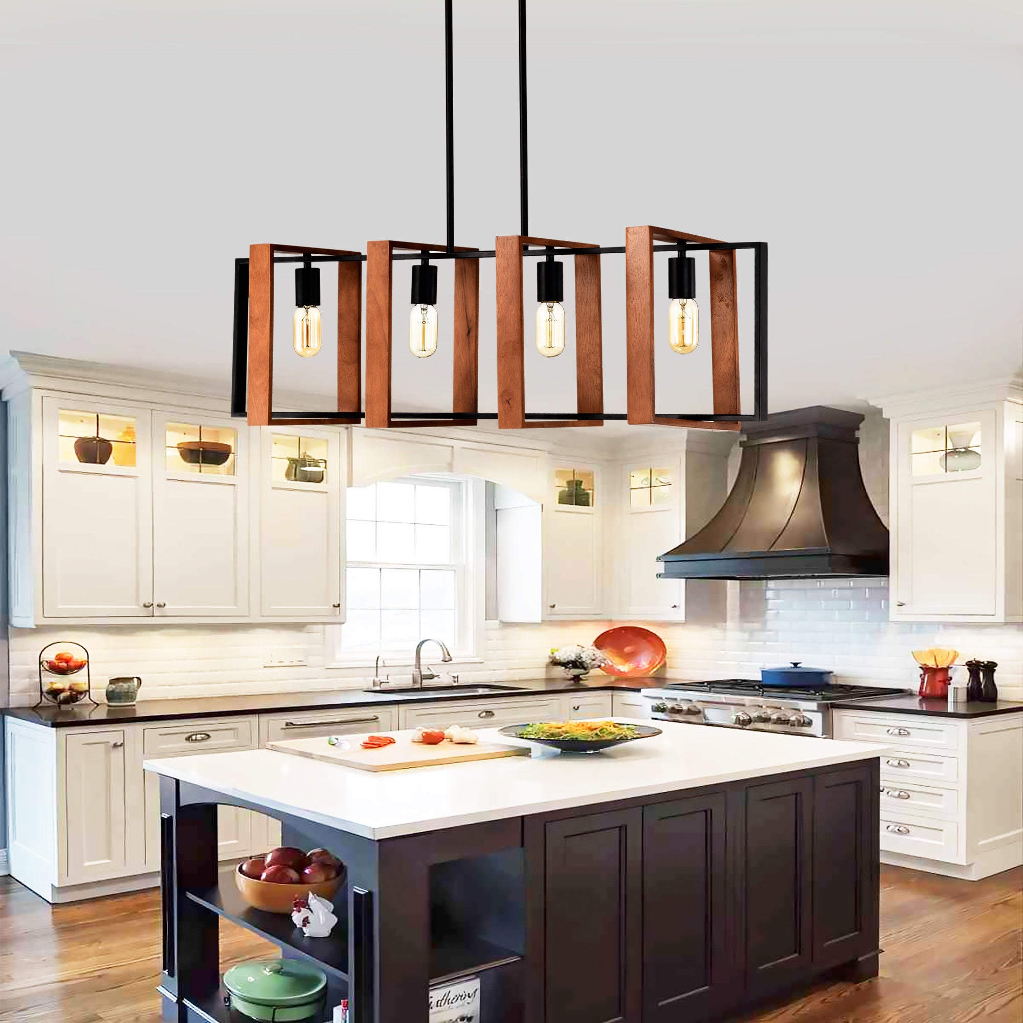 Rustic Farmhouse Chandelier - 4-Light Wood & Black Metal Pendant (36")