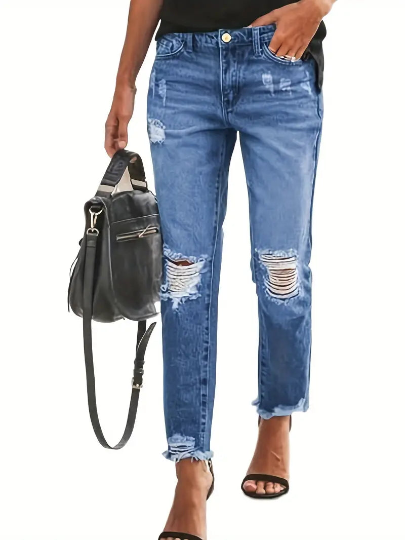 Women's Distressed Boyfriend Jeans - Stretchy Relaxed Fit with Ripped Details