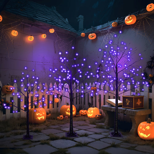3-Pack Halloween Spooky Trees with Purple LED Lights - 4ft, 5ft & 6ft Black Trees