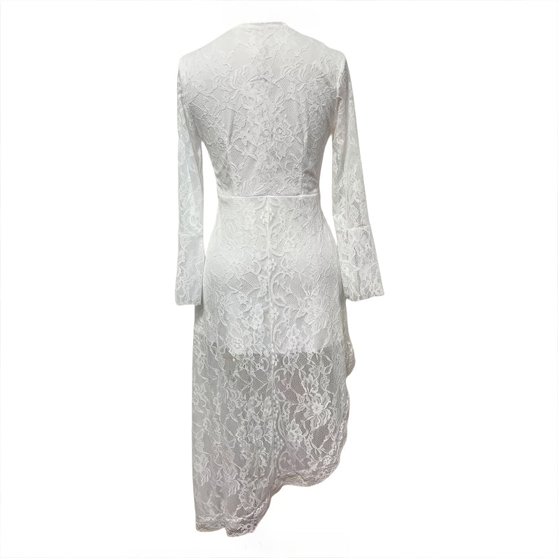 Bohemian Lace-Hemmed Maxi Dress - Deep V-Neck Long Sleeve Dress