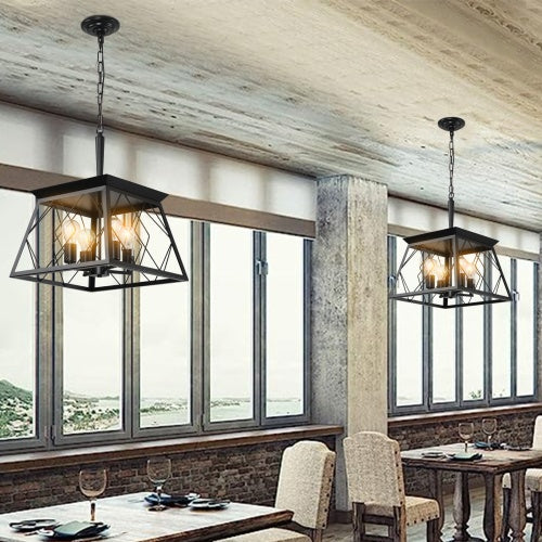 Black Farmhouse Chandelier - 4-Light Vintage Pendant for Dining Room