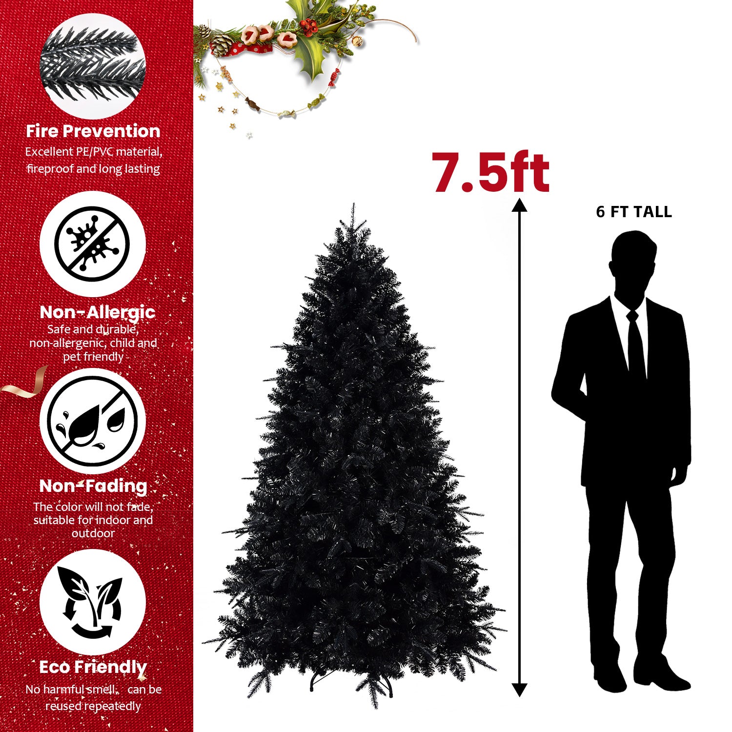 Pre-Lit Black Christmas Tree with White LED Lights - Halloween & Holiday Decor