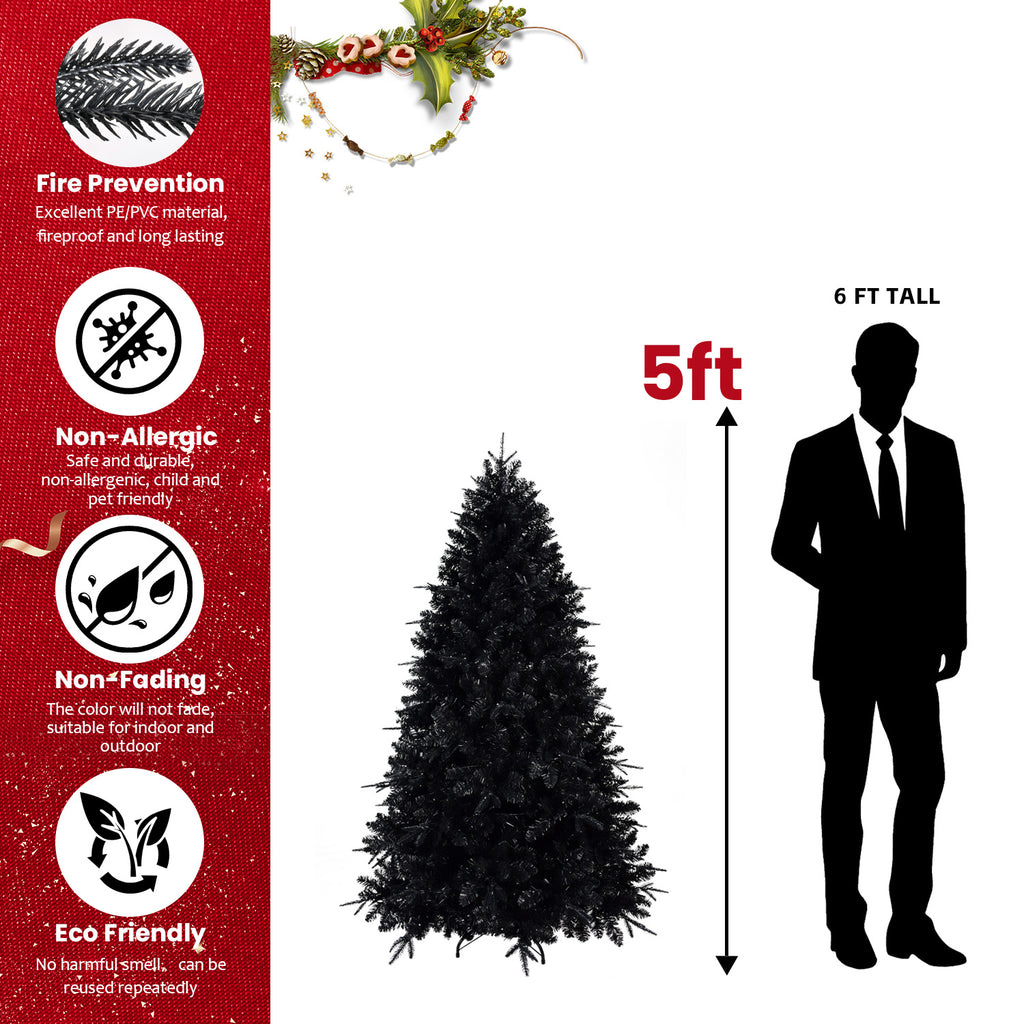 Pre-Lit Black Christmas Tree with White LED Lights - Halloween & Holiday Decor