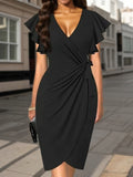Women's Deep V-Neck Bodycon Dress - Pleated Ruffle Sleeve Fitted Dress