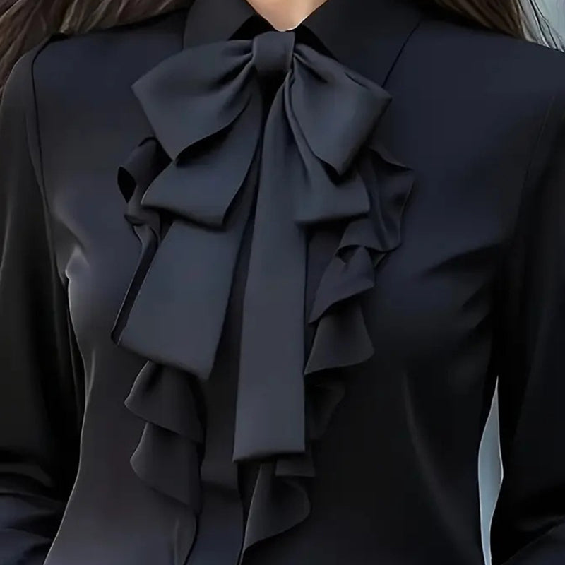 Women's Ruffle Trim Blouse with Bow Tie - Long Sleeve Office Shirt