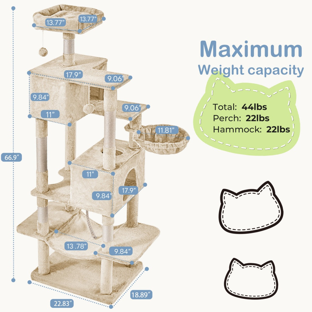 66" Multi-Level Cat Tree Tower with Condos and Scratching Posts