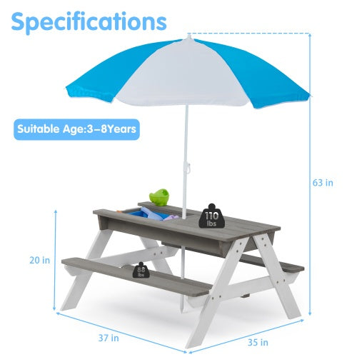 3-in-1 Kids Wooden Picnic Table with Umbrella - Sand & Water Play