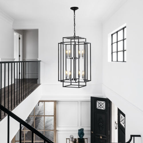 8-Light Industrial Farmhouse Chandelier - Black & Chrome Tiered Pendant