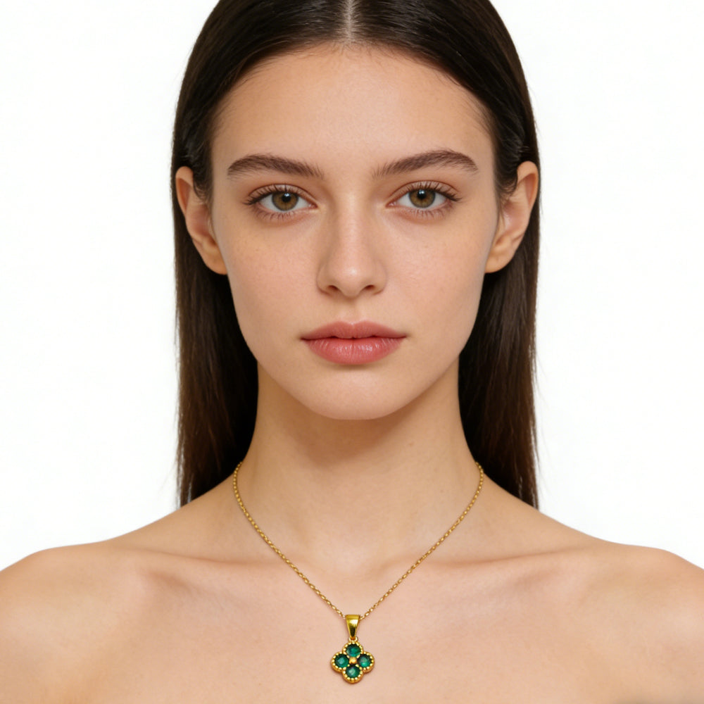 Green Four Leaf Clover 24K Gold Necklace