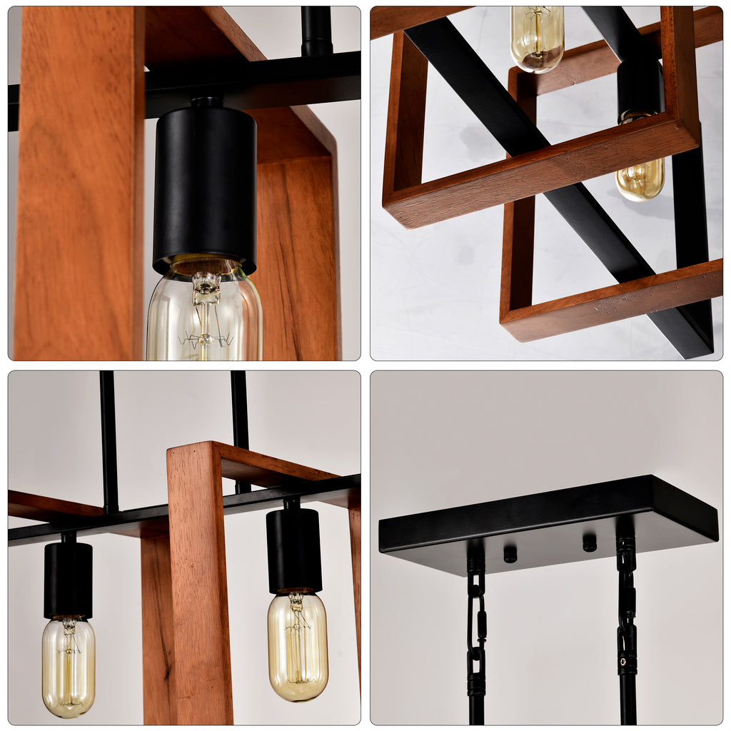 Rustic Farmhouse Chandelier - 4-Light Wood & Black Metal Pendant (36")