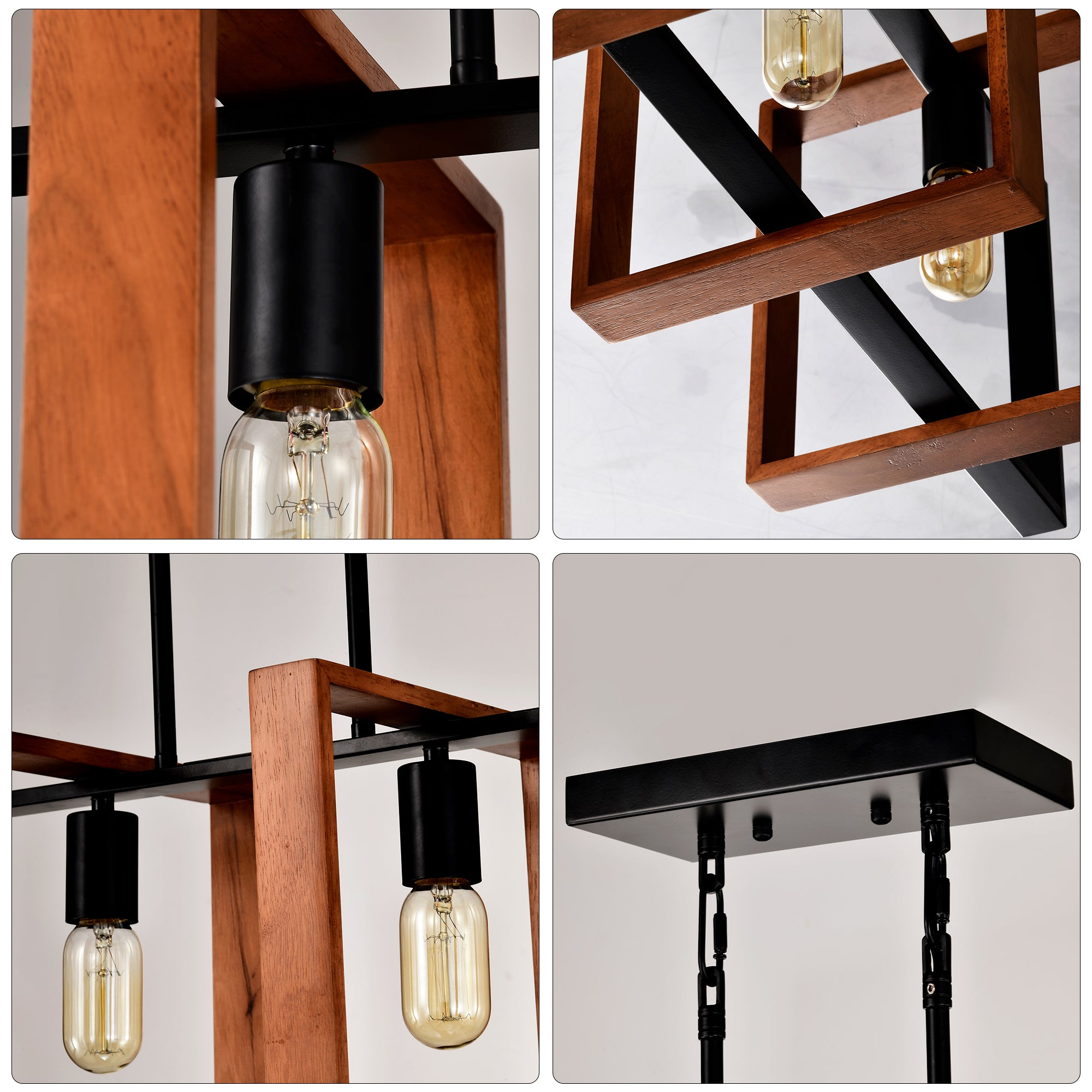 Rustic Farmhouse Chandelier - 4-Light Wood & Black Metal Pendant (36")