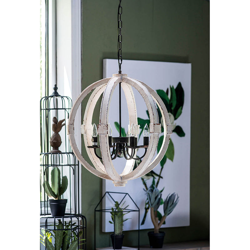 Distressed White Wood Chandelier - 6-Light Farmhouse Pendant