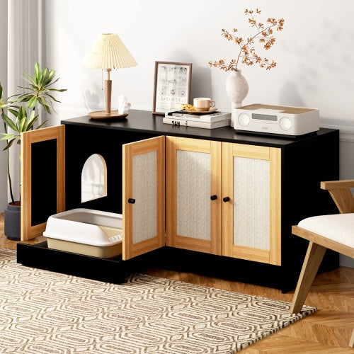 Double Cat Litter Box Furniture - Hidden Enclosure for 2 Cats with Rattan Doors