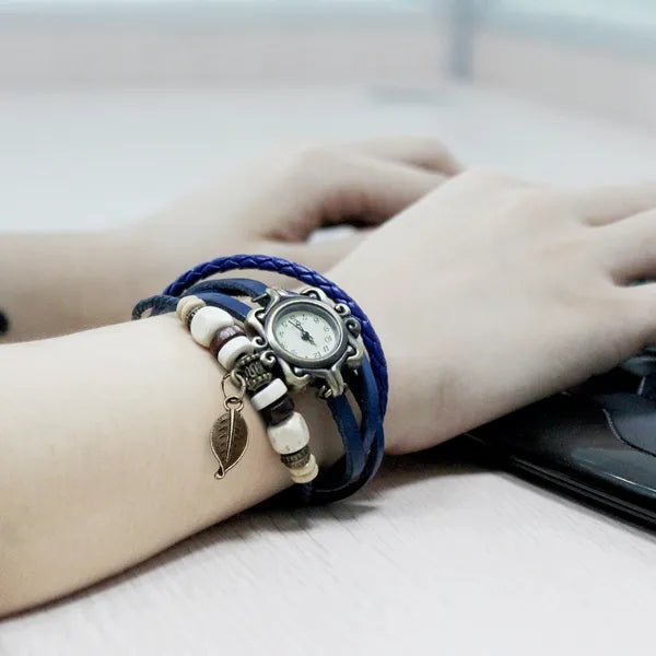 Bohemian Leaf Bracelet Watch - Handwoven Leather Band
