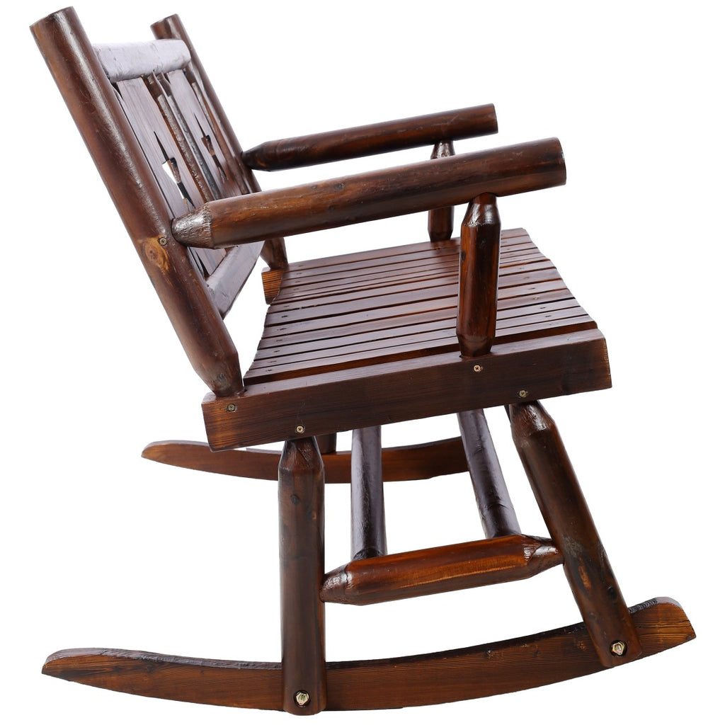 Outdoor Wood Rocking Bench for 2 - Rustic Brown Porch Rocker
