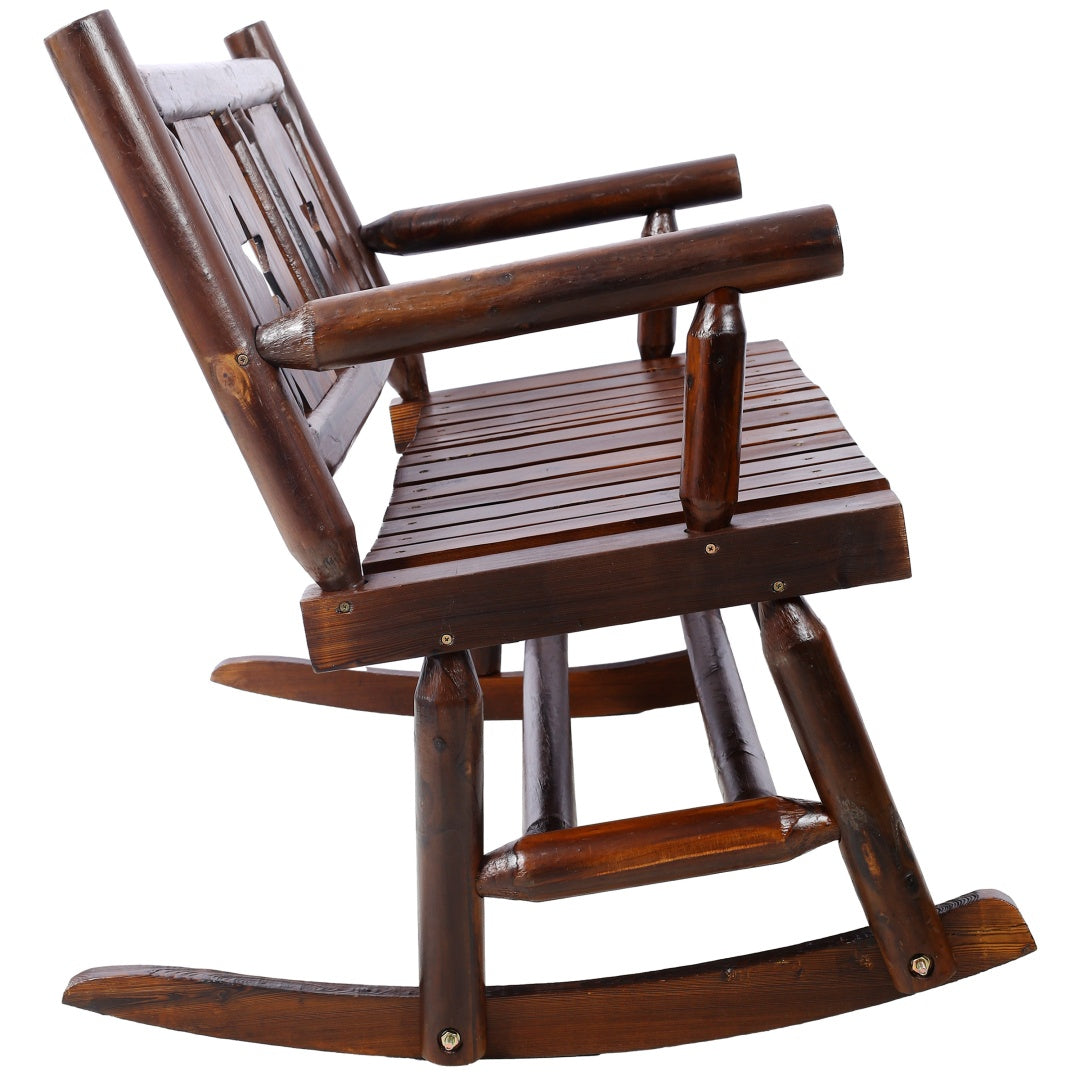 Outdoor Wood Rocking Bench for 2 - Rustic Brown Porch Rocker