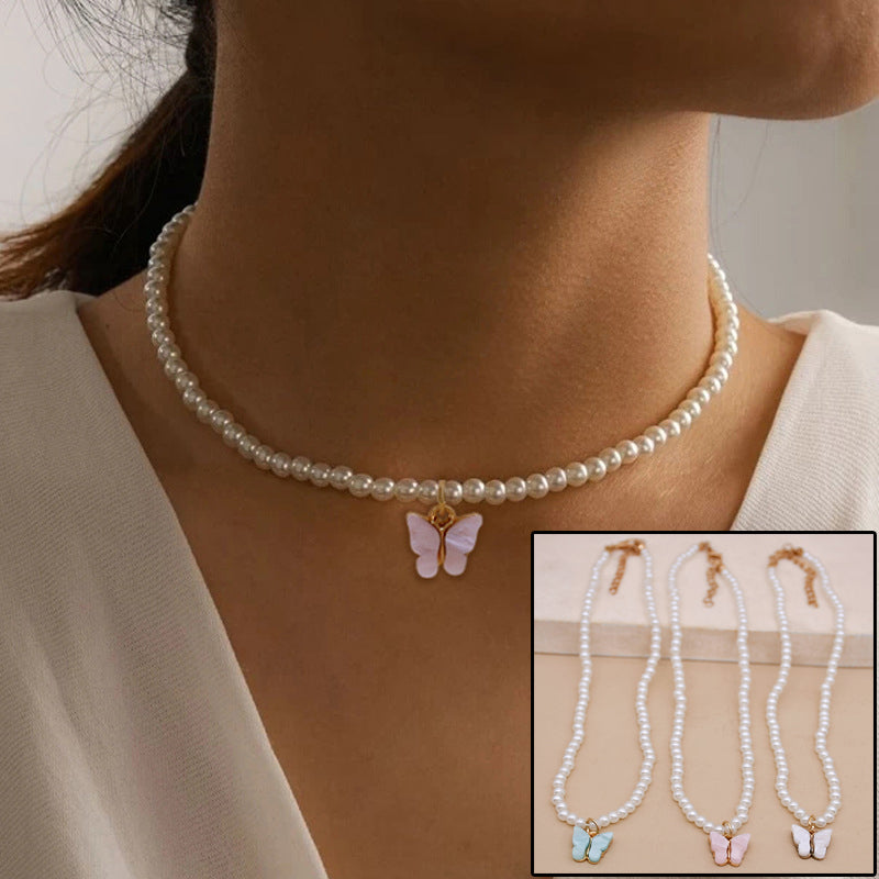 Elegant White Pearl with Butterfly Choker Necklace