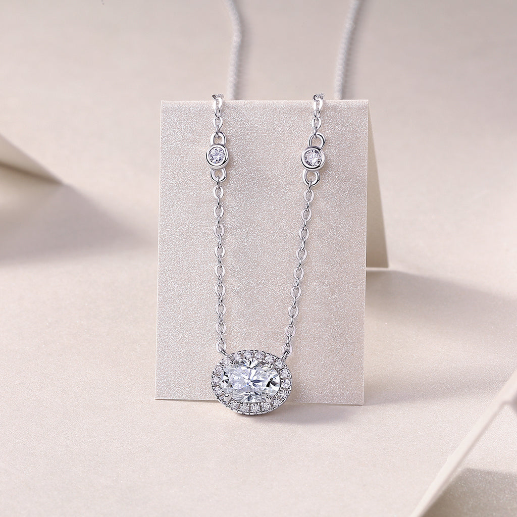 Oval Moissanite Necklace - S925 Sterling Silver Platinum-Plated with Chain