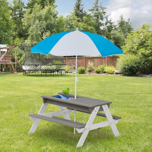 3-in-1 Kids Wooden Picnic Table with Umbrella - Sand & Water Play