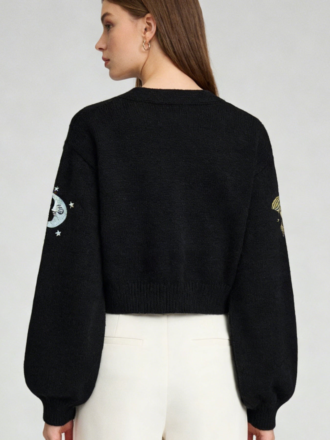 Women's Sun & Moon Embroidered Cardigan - Boho Knit Sweater with Lantern Sleeves