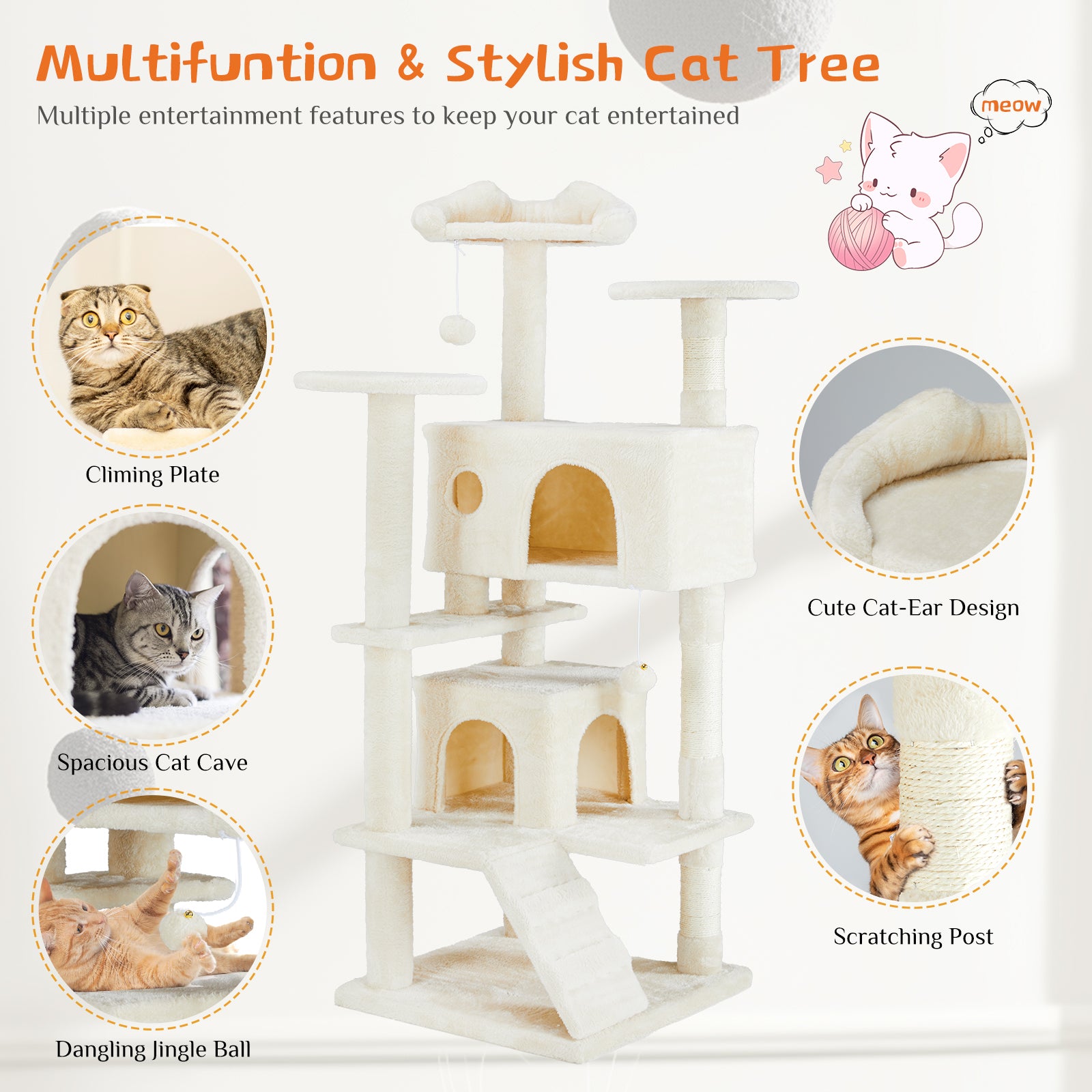54" Multi-Level Cat Tree Tower with Scratching Posts