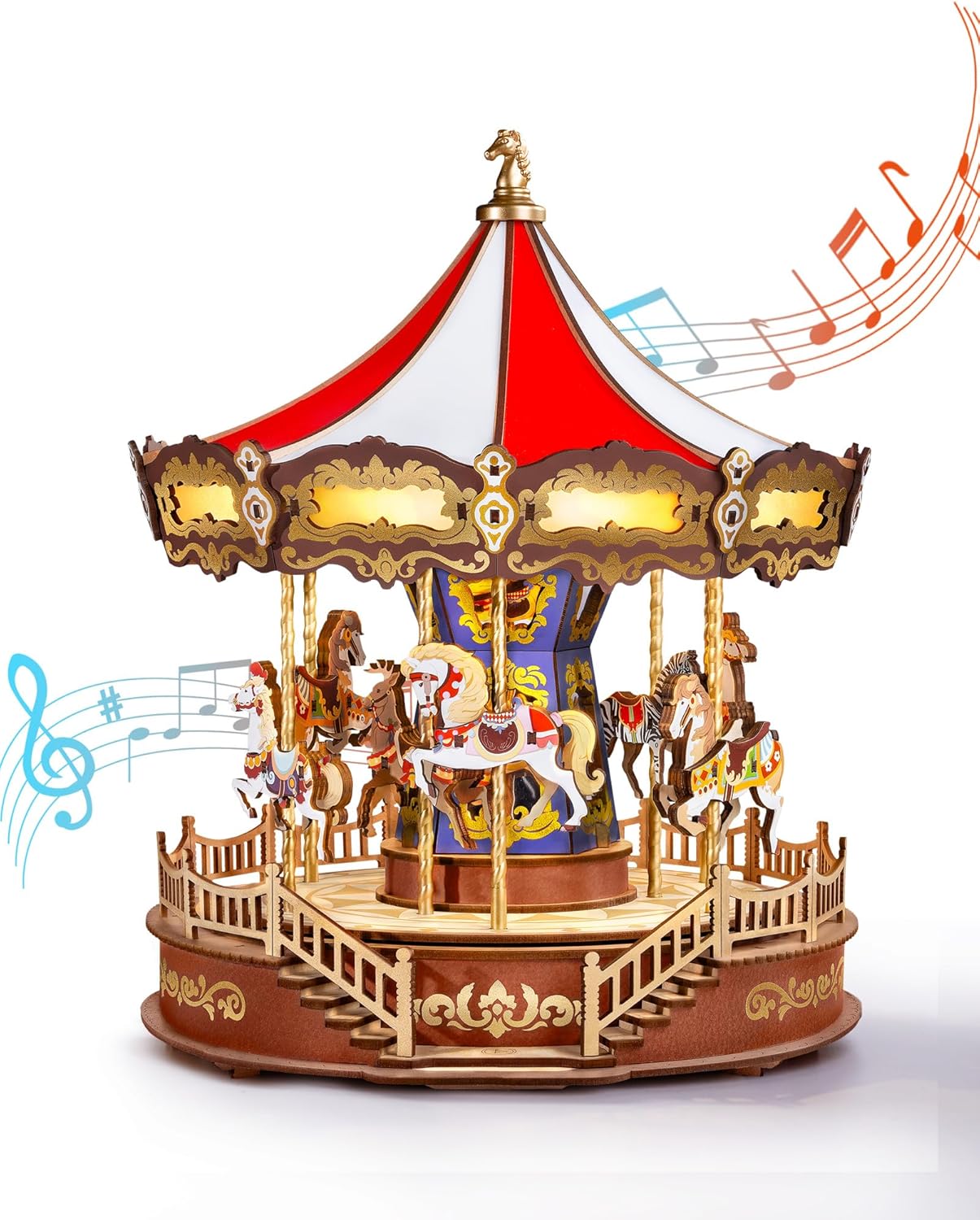 Robotime Classic Carousel Music Box 3D Wooden Puzzle with LED Lights - Mechanical Model Kit