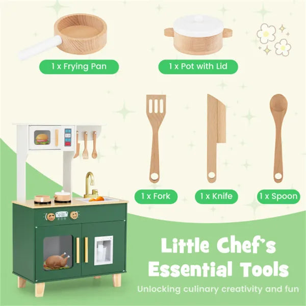 Kids Play Kitchen Set with Realistic Faucet & Ice Dispenser - Green Pretend Cooking Playset