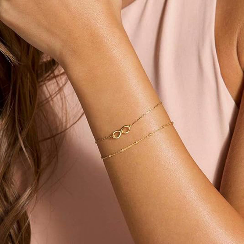 Dainty 14K Gold Plated Layered Evil Eye & Pearl Charm Bracelet