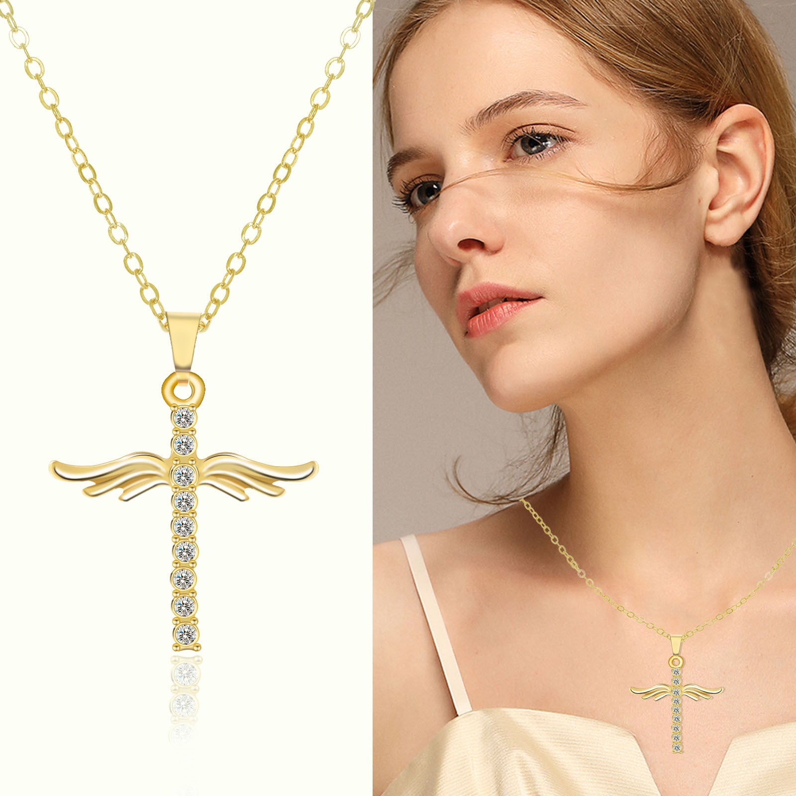 Angel Wings Cross Pendant Necklace with Stainless Steel Chain