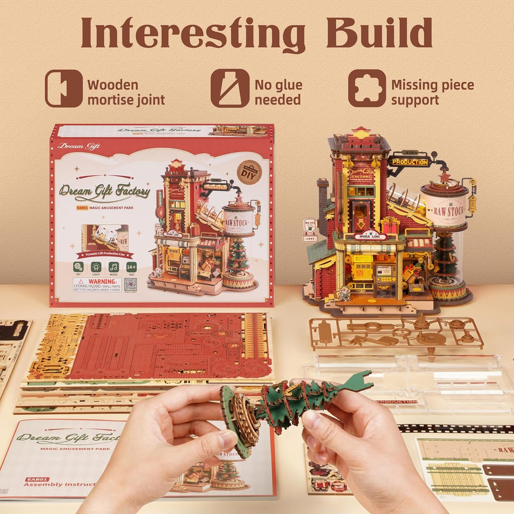 Robotime Gift Factory 3D Wooden Puzzle with Music & Lights - Animated Model Kit