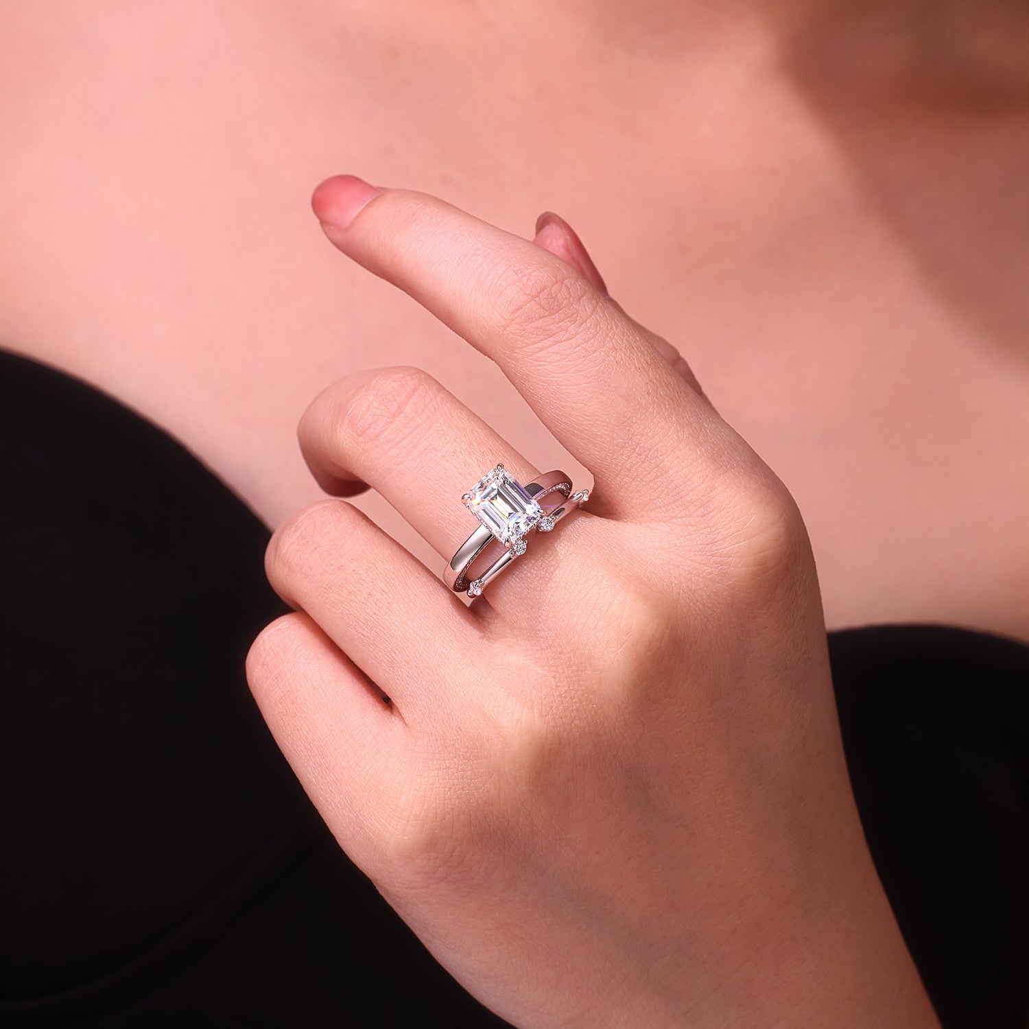 Octagonal Moissanite Ring Set - S925 Sterling Silver Platinum-Plated (2 Pieces)