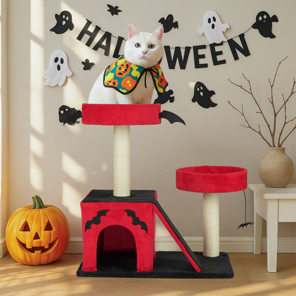 Gothic Cat Tree - Red & Black Halloween Cat Tower with Bat Wings