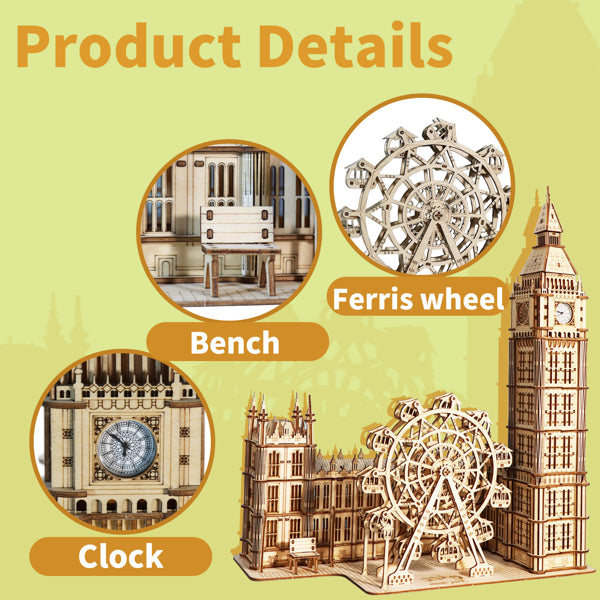 3D Wooden Big Ben Puzzle Kit with Working Desktop Clock